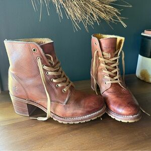 Frye- Sabrina Brown Lace Up Boots with Chunky Heel